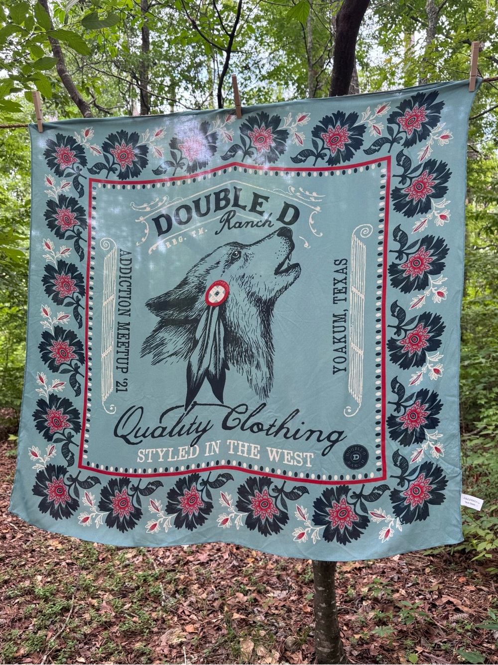 Double D Ranch commemorative Aqua Wolf Pack Wild Rag with Red Border